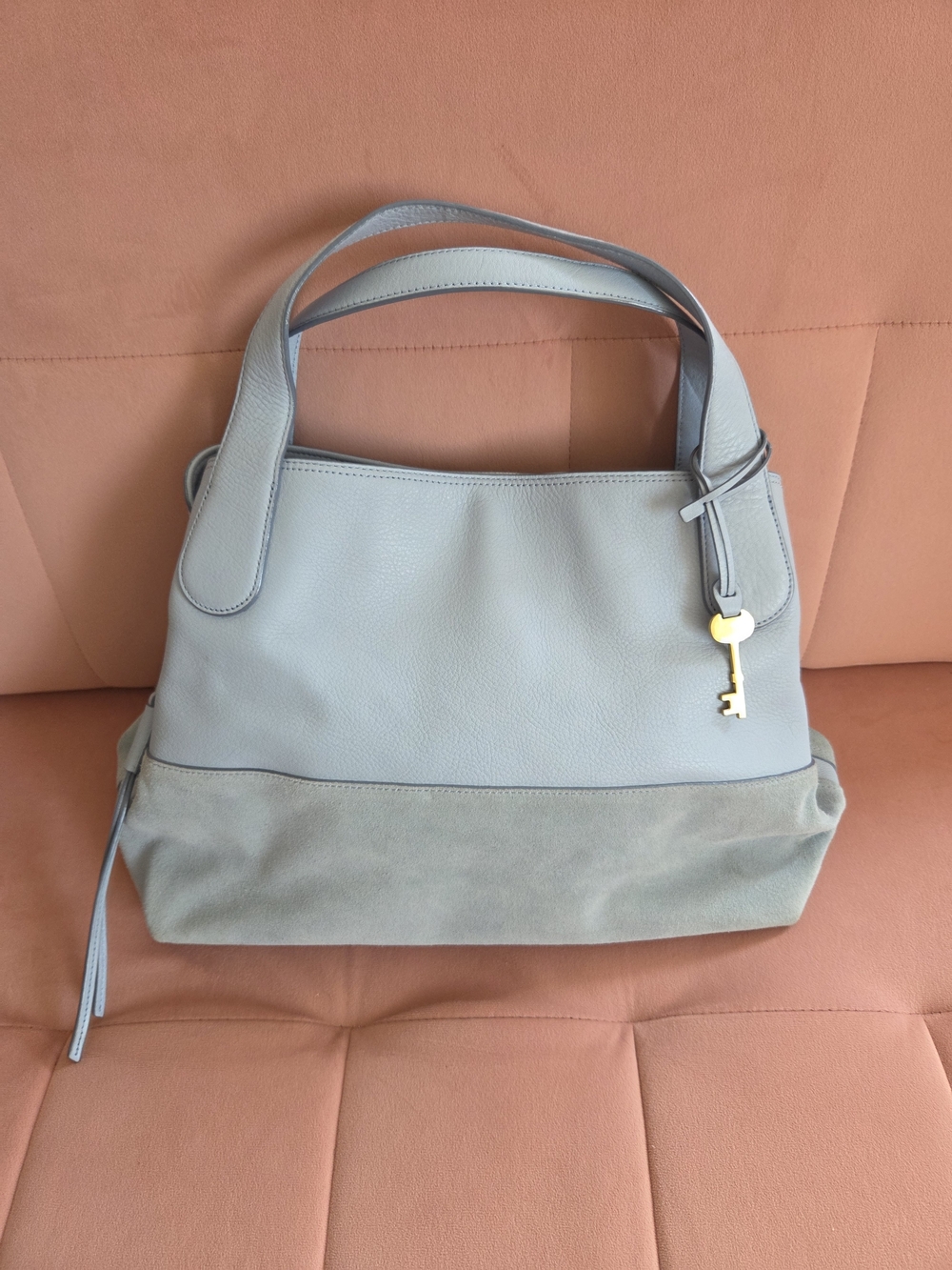 Light Blue Leather & Suede Tote Bag with Key Charm